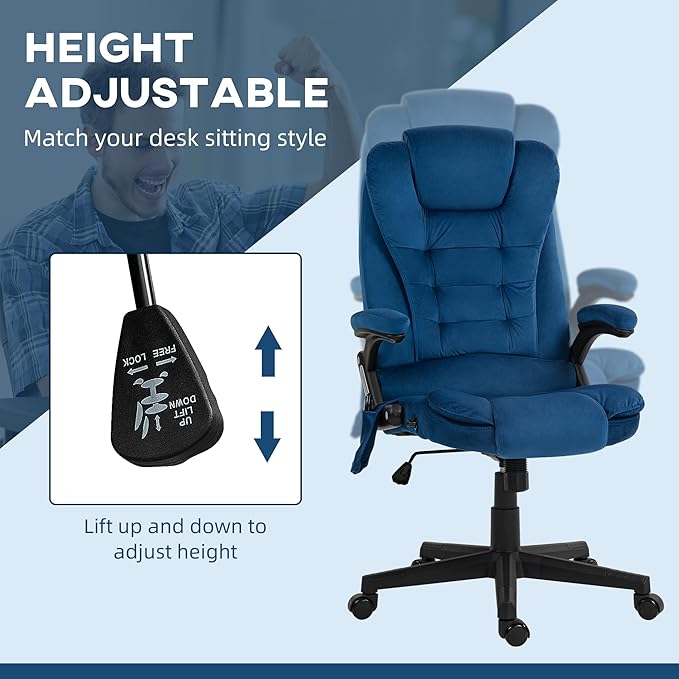 HOMCOM Executive Office Chair with 6 Points Vibration Massage and Heated Lumbar Support, Velvet High Back Computer Chair with Reclining Backrest, Tilt Function and Padded Armrests, Drak Blue