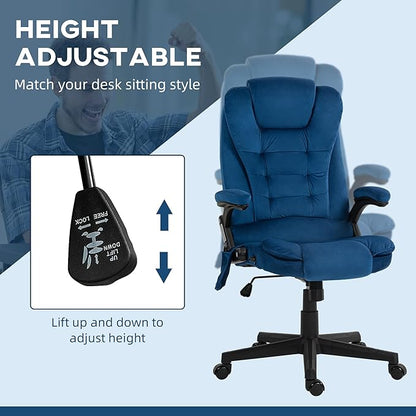 HOMCOM Executive Office Chair with 6 Points Vibration Massage and Heated Lumbar Support, Velvet High Back Computer Chair with Reclining Backrest, Tilt Function and Padded Armrests, Drak Blue
