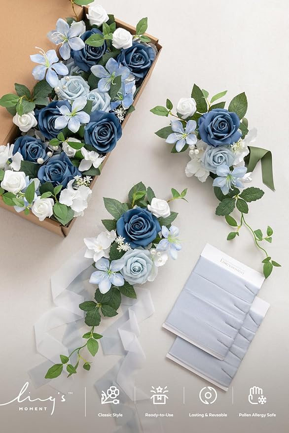 Ling's moment 8 Wedding Artificial Aisle Pew Flowers Chair Decorations Arrangements with Chiffon Ribbons Dusty Blue for Ceremony Reception Chair Back Floral Decor Reception Church Party Outdoor