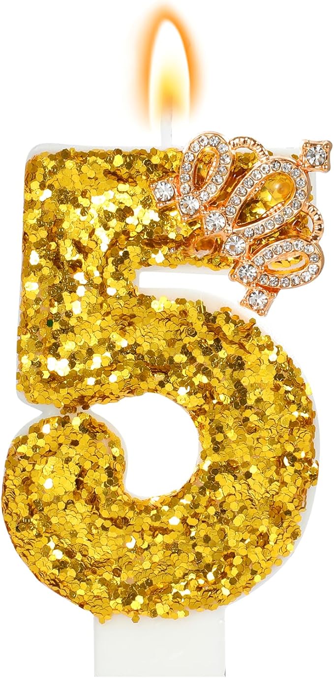 Gold Birthday Candle Crown Number 5 Candle with Sequins Cake Candles Cupcake Decorations Party Decor for Anniversary Celebrations Supplies