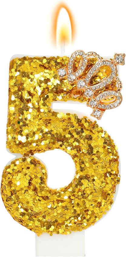 Gold Birthday Candle Crown Number 5 Candle with Sequins Cake Candles Cupcake Decorations Party Decor for Anniversary Celebrations Supplies