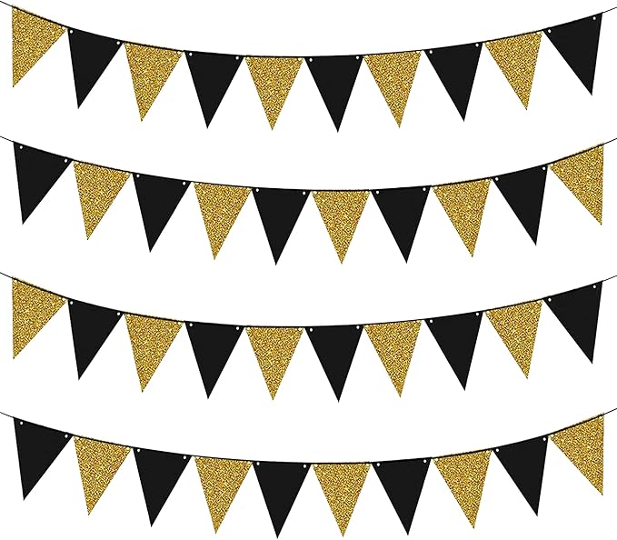 4Pcs Black Gold Glitter Triangle Flag, New Year 2026 Birthday Christmas Graduation Party Decor Banner, Black Gold Pennant Banner Paper Bunting Hanging Decor for New Year Holiday Party Supplies