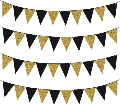 4Pcs Black Gold Glitter Triangle Flag, New Year 2026 Birthday Christmas Graduation Party Decor Banner, Black Gold Pennant Banner Paper Bunting Hanging Decor for New Year Holiday Party Supplies
