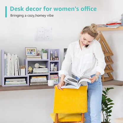 Desk Shelves Desktop Organizer Shlef - Purple Office Organization for Top of Desk Organizers and Accessories Corner Bookshelf Table Top Shelving Small Hutch Decorations for Women Office