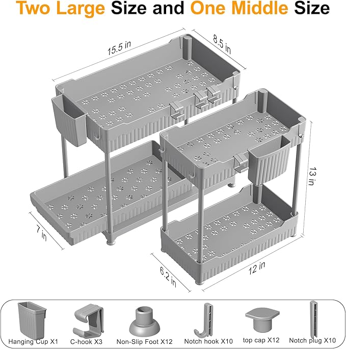 3 Pack Under Sink Organizers, 2-Tier Multi-Use Kitchen and Bathroom Organizers and Storage with Sliding Drawers, Bathroom Cabinet Organizer (Gray, 12.8 Inch)