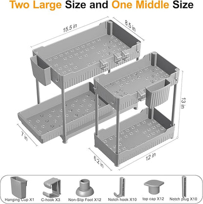 3 Pack Under Sink Organizers, 2-Tier Multi-Use Kitchen and Bathroom Organizers and Storage with Sliding Drawers, Bathroom Cabinet Organizer (Gray, 12.8 Inch)