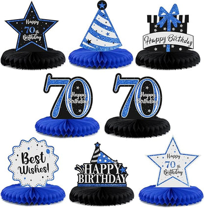 Happy 70th Birthday Decorations,70th Bday Blue Glitter Shiny Stand Honeycomb Table Centerpieces - Cheers to Seventy Years Old Birthday Party Photoprop Gift Sign.