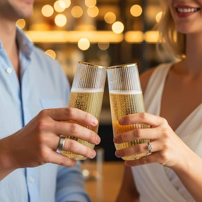 Goodluck 24pack Clear Stemless Plastic Champagne Flutes with Gold Rim，9oz Ribbed Stemless Toasting Glasses，Champagne Flutes Plastic for Weddings, Bars, Events, Party And Celebrations