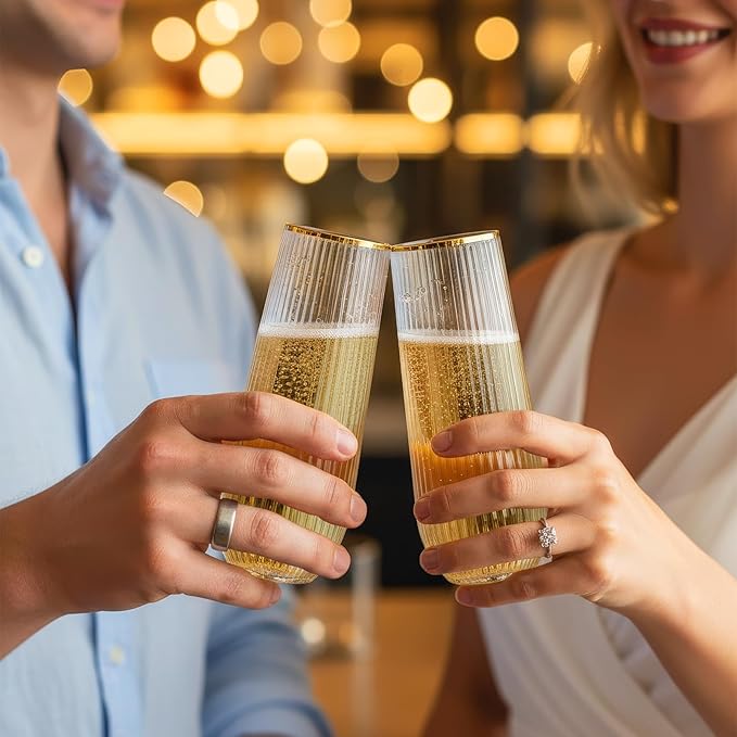 Goodluck 48pack Clear Stemless Plastic Champagne Flutes with Gold Rim，9oz Ribbed Stemless Toasting Glasses，Champagne Flutes Plastic for Weddings, Bars, Events, Party And Celebrations