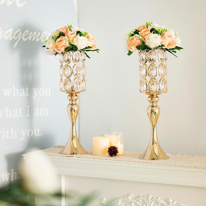 Versatile Vases Set of 2 - 18" Tall Flower Holders Centerpiece Stands with Bling Stones, Gold Trumpet Wedding Vase for Anniversary, Party, Event, Reception, Home Decor
