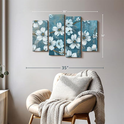 ElephantStock Blossoms Of Evening Wall Art - Horizontal Canvas - 4-Piece Living Room Wall Decor - Blossom Painting Canvas Print - Blue and Gray Decor for Wall by Carol Robinson - 30" X 18"