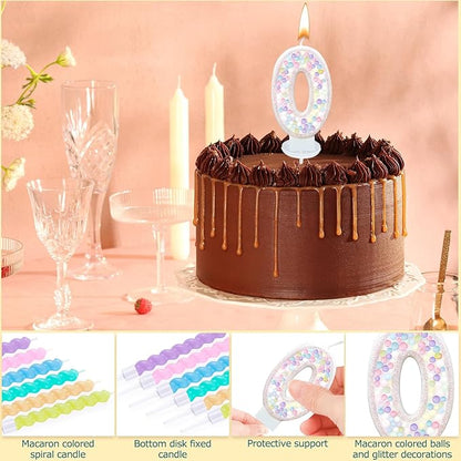 Number Birthday Candle with 12PCS Spiral Candles and A Birthday Card - Perfect for Celebrating Birthdays (Macaron Glitter, Number 0)