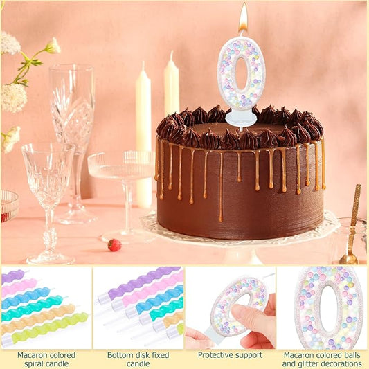 Number Birthday Candle with 12PCS Spiral Candles and A Birthday Card - Perfect for Celebrating Birthdays (Macaron Glitter, Number 0)