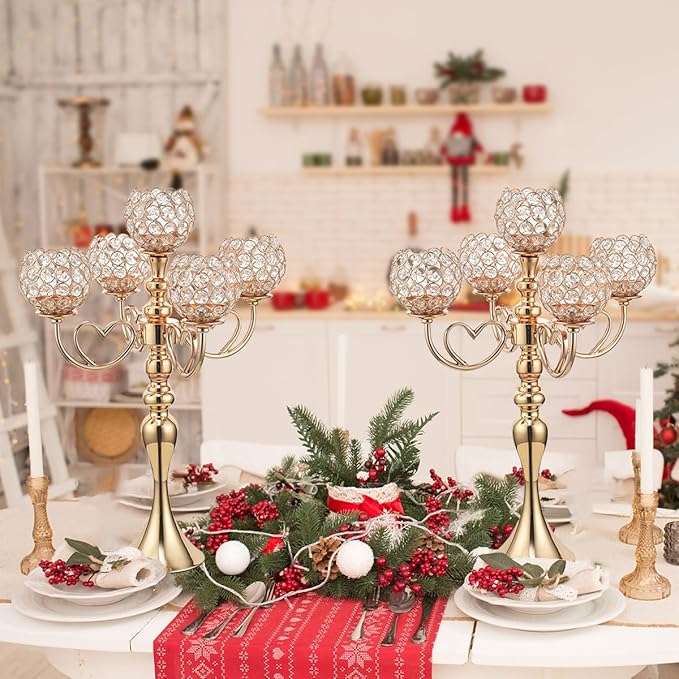 VINCIGANT Gold Candelabra Candle Holder, Elegant Centerpiece Table Decorations 5 Arms Candlesticks for Dining Room,21.5 Inches Tall
