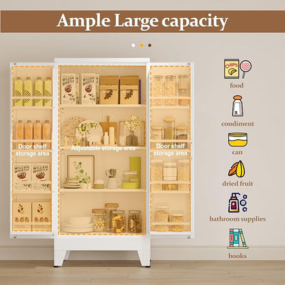 Metal Kitchen Pantry Cabinet, Storage Cabinets with 2 Door and 3 Adjustable Shelves, White Freestanding Food Storage Cabinet, Steel Cupboard for Kitchen Dinning Room