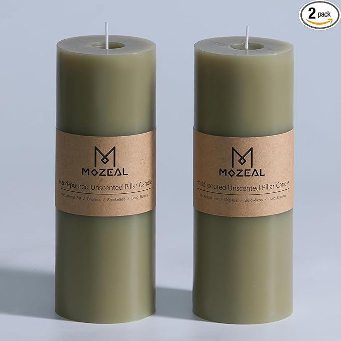 MOZEAL 3" x 8" Hand-Poured Unscented Large Candle, Smokeless Rustic Pillar Candle Set of 2, Slow Burn, No Drip, Approx 150 Hours Burning, Wedding, Dinner, Easter and Home Decorative, Tall Sage Candle