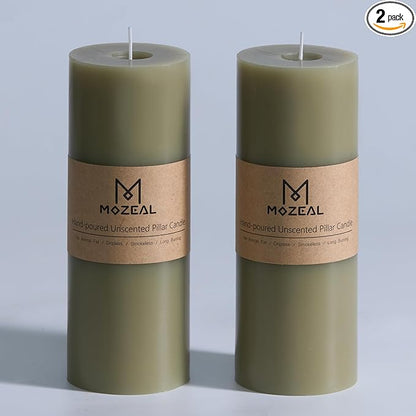 MOZEAL 3" x 8" Hand-Poured Unscented Large Candle, Smokeless Rustic Pillar Candle Set of 2, Slow Burn, No Drip, Approx 150 Hours Burning, Wedding, Dinner, Easter and Home Decorative, Tall Sage Candle