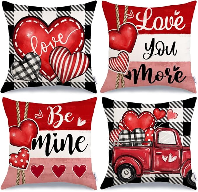 GEEORY Valentine's Day Love You More Be Mine Throw Pillow Covers 18x18 Inch Set of 4, Red Hearts Truck Stripes Plaid Decorative Farmhouse Wedding Cushion Case for Home Decoration G658-18