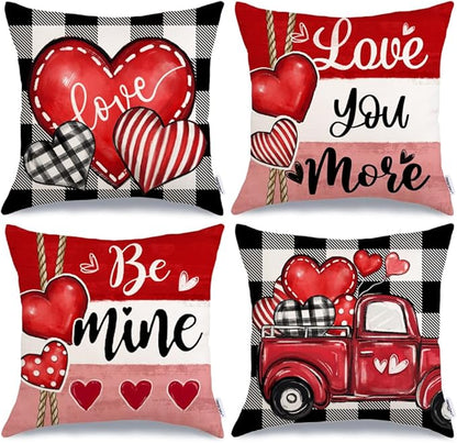 GEEORY Valentine's Day Love You More Be Mine Throw Pillow Covers 18x18 Inch Set of 4, Red Hearts Truck Stripes Plaid Decorative Farmhouse Wedding Cushion Case for Home Decoration G658-18