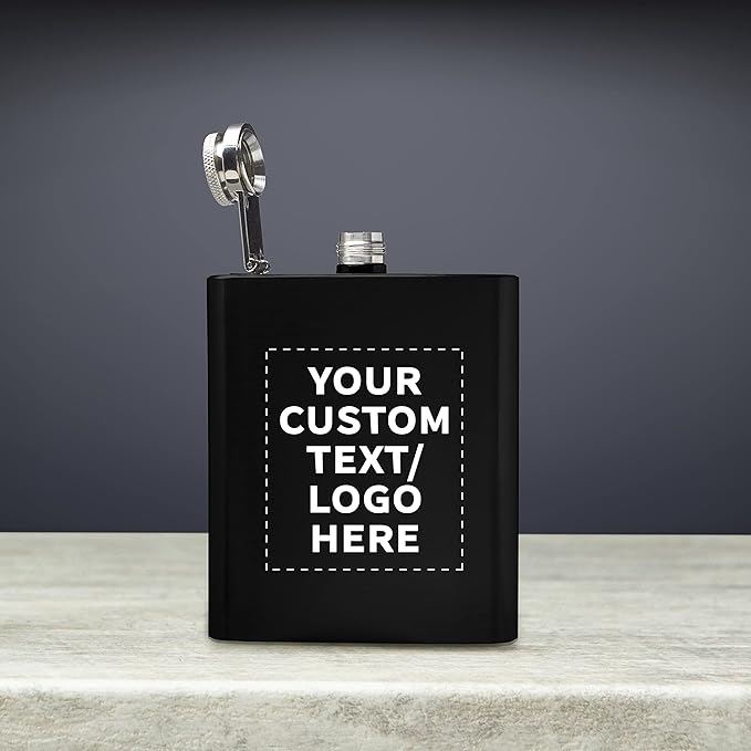 Custom Murano Stainless Steel Hip Flasks 6 oz. Set of 100, Personalized Bulk Pack - Screw on Cap, Great for Wedding Party Gifts, Groomsmen Gifts, Outdoor Activities - Black