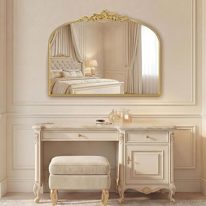 Gold Vintage Vanity Mirror 32x24 Inch, Shell Crown Ornate Beaded Frame Vanity Mirror, Antique Decorative Horizontal Mirror for Bathroom, Bedroom, Entryway, Fireplace Wall