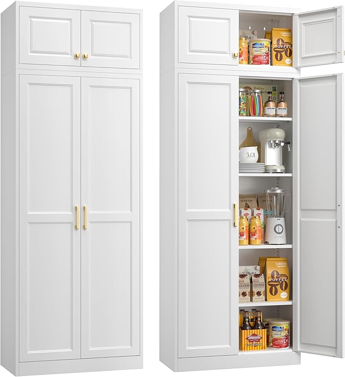 Kitchen Pantry Storage Cabinets, 86" Tall Metal Storage Cabinet with Doors and 4 Shelves, Food Pantry Cabinet, White Kitchen Cupboard, Large Steel Cabinets for Dining, Office, Living Room