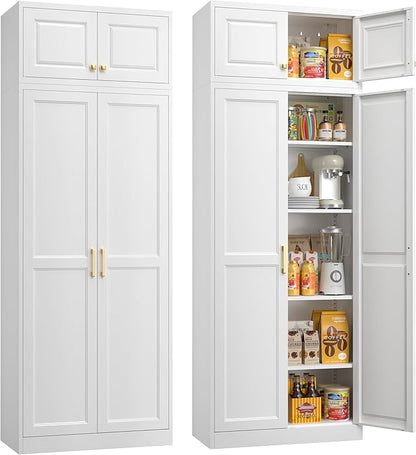 Kitchen Pantry Storage Cabinets, 86" Tall Metal Storage Cabinet with Doors and 4 Shelves, Food Pantry Cabinet, White Kitchen Cupboard, Large Steel Cabinets for Dining, Office, Living Room