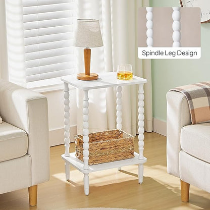 HOOBRO End Table, 2-Tier Small Side Table with Spindle Legs, Nightstand with Storage Shelves, Sofa Side Table, for Small Space, Living Room, Bedroom, White WT189BZ01