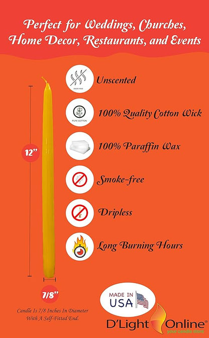 D'light Online Elegant Unscented Daffodil 12" Yellow Taper Candles Premium Quality Hand-Dipped Tapered Candles, Dripless and Smokeless - Set of 12 Individually Wrapped (12 Inch, Daffodil)
