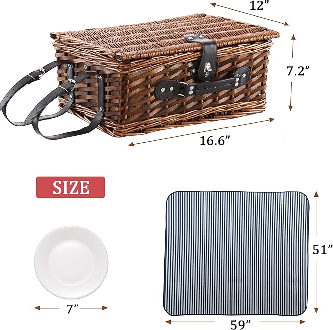 Picnic Basket for 4 with Waterproof Picnic Blanket and Insulated Cooler, Wicker Picnic Set, Willow Hamper for Camping, Outdoors, Photoshoot, or a Birthday, Mother's Day, Wedding Gift, Blue