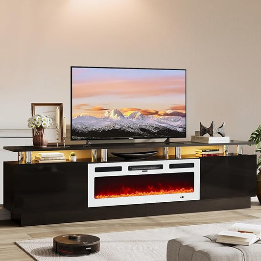 80" TV Stand for Living Room, Modern Entertainment Center & Media Console, Fits TVs up to 80", Storage Cabinet with Shelves, 36" Electric Fireplace with LED Flame(Black+White)