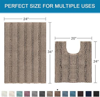H.VERSAILTEX Bathroom Rugs Bath Rug Set 2 Piece Bathroom Contour Rug Toilet Mat Sets Non Slip Contour Bath Rug Ultra Thick Water Absorbent Striped Bath Mats(36" x 24" Plus 20" x 24" U, Taupe Brown)