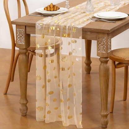 Pumpkin Gold Table Runner for Thanksgiving Sheer Gauze Cheesecloth 120 Inch with Glitter Harvest Feast Decor for Family Gatherings Dining Table Home Celebration - Beige