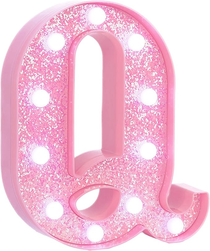 Pink LED Marquee Light Up Letters, Glitter Alphabet Letter Lights for Birthday Party Decorations, Battery Operated Letter Signs for Girls Room Table Decor, Pink letter Q with Cool White Lights
