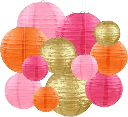 Pink Orange Gold Paper Lanterns Party Decorations, Round Hanging Paper Lanterns for Wedding Birthday Home Classroom Party Supplies (12 PCS)