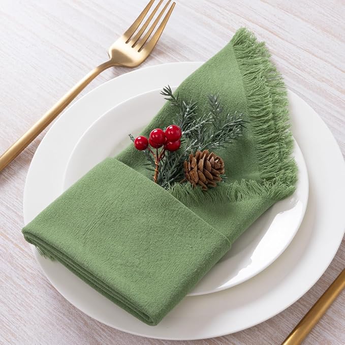 12 Pack Sage Green Cotton Linen Napkins with Fringe Christmas Cloth Napkins Set of 12 Boho Handmade Holiday Napkins Bulk for Wedding Baby Shower Xmas Dinner Table Parties, 17 x 17 Inches