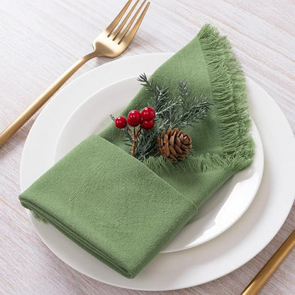 12 Pack Sage Green Cotton Linen Napkins with Fringe Christmas Cloth Napkins Set of 12 Boho Handmade Holiday Napkins Bulk for Wedding Baby Shower Xmas Dinner Table Parties, 17 x 17 Inches