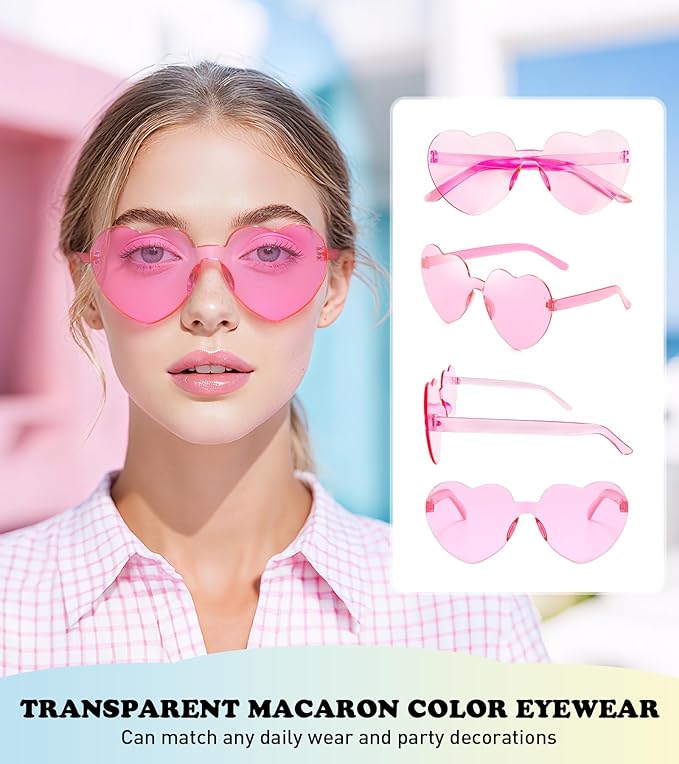 SUNOVELTIES 48 Pcs Heart Shaped Rimless Sunglasses Bulk Light Candy Color Frameless Glasses Colorful Party Eyewear for Women