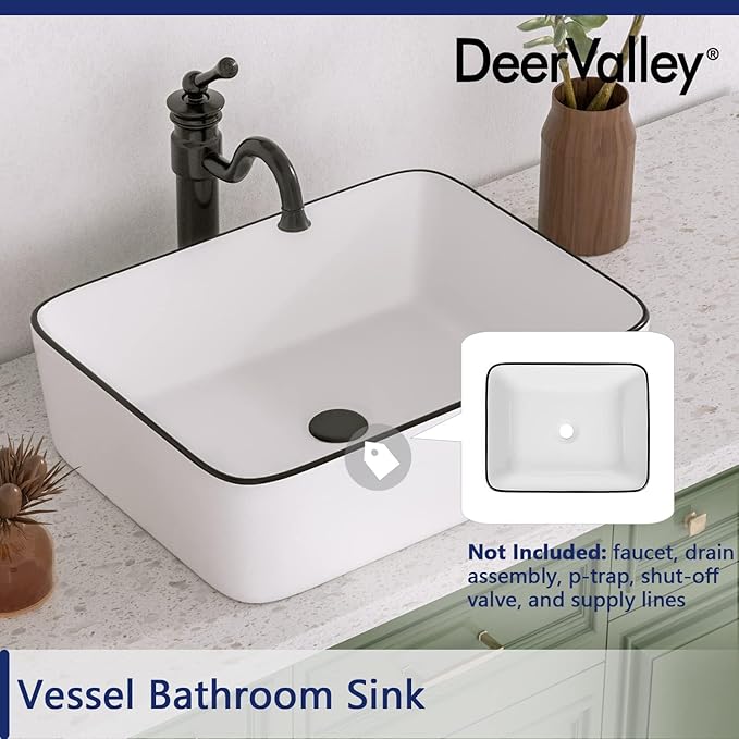 DeerValley 19" x 15" Bathroom Sink, Bathroom Vessel Sink Rectangular Above Counter Vessel Sinks, White Body Black Trim Vessel Sink, Porcelain Ceramic Vessel Vanity Sink Art Basin, DV-1V0002