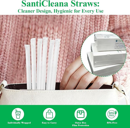 SantiCleana 100 Pack Biodegradable Straws, Individually Wrapped, 8.3", 14℉-185℉, Plant-Based, Straight, White, Compostable, BPA-Free