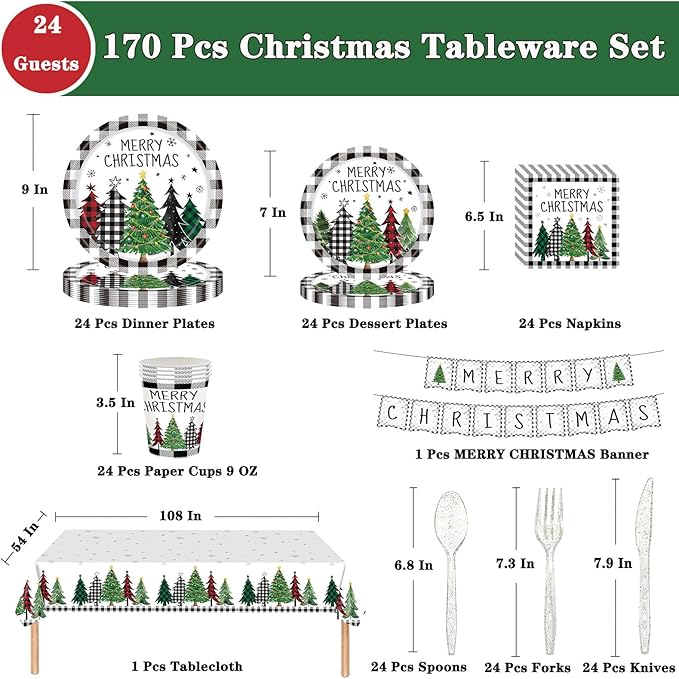 Christmas Plates Disposable Party Set with Plates and Napkins, Cups, Tablecloth Kit Serves 24 Guests, Christmas Tree Pattern Disposable Dinnerware Set for Xmas Holiday Party Disposable Supplie