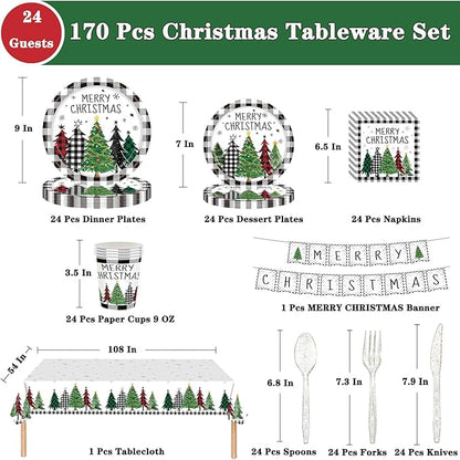 Christmas Plates Disposable Party Set with Plates and Napkins, Cups, Tablecloth Kit Serves 24 Guests, Christmas Tree Pattern Disposable Dinnerware Set for Xmas Holiday Party Disposable Supplie