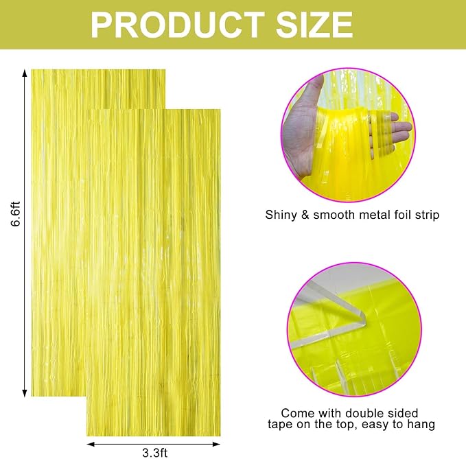 2 Pack Glow in The Dark Party Supplies 3.3 x 6.6 ft Neon Party Decorations Fluorescent Macaron Yellow Tinsel Foil Fringe Curtains Photo Booth Prop Backdrop Streamers Blacklight Party Decor