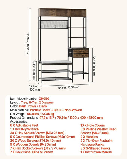 VEVOR Hall Tree with Bench and Shoe Storage, Entryway Bench with Coat Rack, 2 Drawers, 3 Storage Cubbies, 3 Open Shelves, Coat Hooks with Soft Cushion for Entryway, Hallway