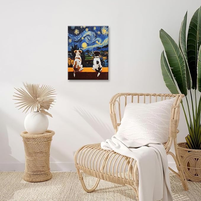 Dog Wall Art, Starry Night Dogs Pictures Wall Decor, Animal Canvas Prints Painting, Framed Artwork for Bathroom Living Room Bedroom Office Dining Room 24"X20"