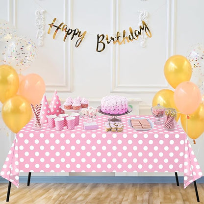 WNINK 4 Pack Light Pink and White Polka Dot Tablecloths, Pink Disposable Plastic Table Cover for Birthday, Wedding, Bachelor, Pink Girl Party, and Picnic Camping Parties 54" x 108"