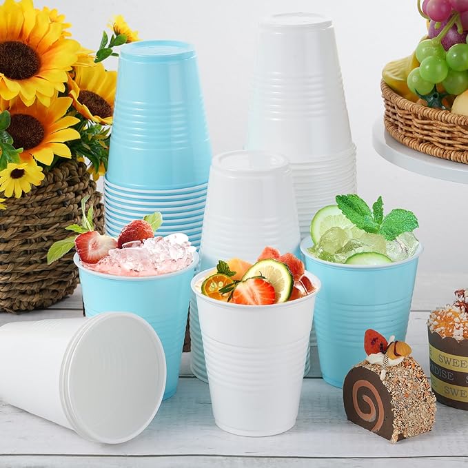 100 Pcs Blue and White Plastic Cups 12 oz, Bulk Light Blue Disposable Party Graduation Cups for Graduation Bachelorette Wedding Birthday Baby Shower Bridal Theme Party Supplies Decorations