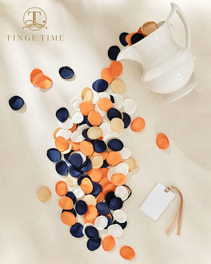 TINGE TIME 400pcs Silk Flower Petals for Wedding, Rose Petals for Decoration, Fake Flower Petals for Bridal Showers, Flower Girl Petals for Anniversaries and Parties (Burnt Orange & Navy Blue)