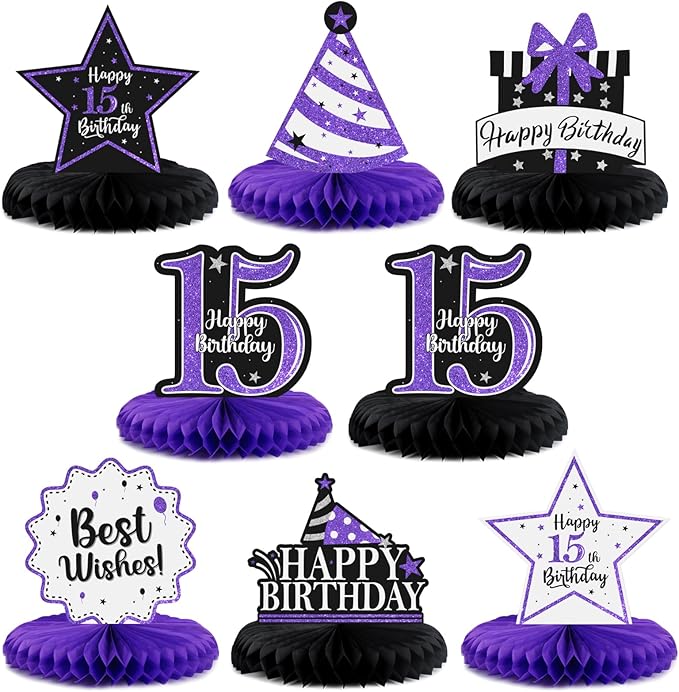 Happy 15th Birthday Decorations,15th Birthday Purple Glitter Shiny Stand Honeycomb Table Centerpieces - Cheers to Fifteen Years Old Birthday Party Photoprop Gift Sign.