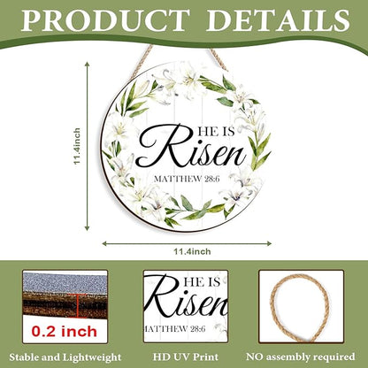 Kercan He is Risen Door Sign - 11.4" Vintage Floral He is Risen Decor Sign Religious Easter Decor Decorations for Home Wall Farmhouse Indoor Front Door Spring Hanging Wreath
